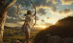girl standing under tree during golden sunset overlooking field