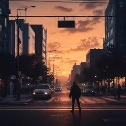 a person walking down the street in a city at sunset