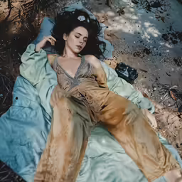 the woman is lying on a blue blanket