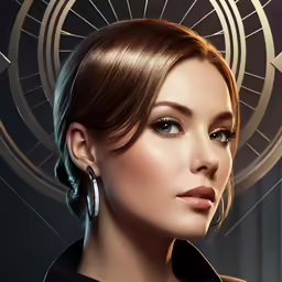 a beautiful woman with an elegant hairdo in front of a clock