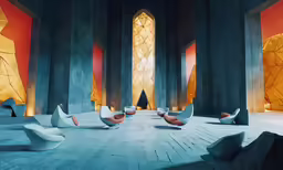 an artistic, modern room with various objects on the floor