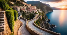 a scenic landscape view with a winding path leading to the town of rave, and a beach to the left