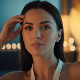 a close up shot of a woman in a white dress posing for the camera