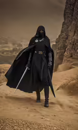 a man in a black costume with a sword and a hood