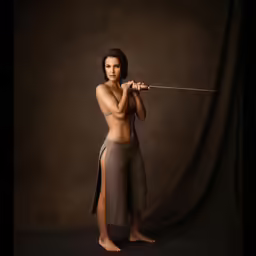 an attractive woman poses with a sword