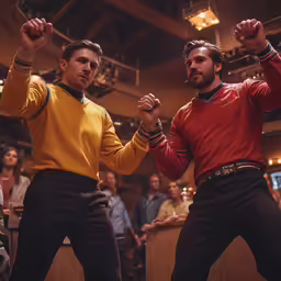 two men in star trek costumes are dancing