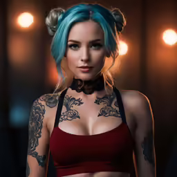 an attractive woman with blue hair and tattoos in a bra
