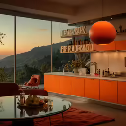 a table, chairs and an orange chair in a large kitchen with windows