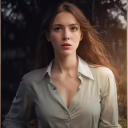 a woman is wearing a dress shirt while holding her long hair in one hand and a ponytail
