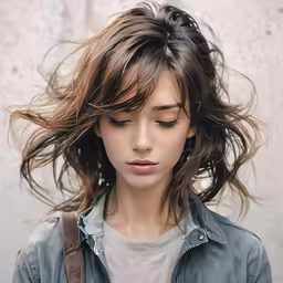 the woman is blowing her hair in the wind