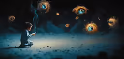 a small boy is sitting on the ground in front of an image of blue and orange eyes