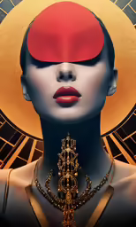 a girl in a gold costume with her head tilted, wearing a red collar and matching necklace