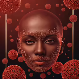 the woman is surrounded by balls in red