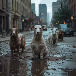 four small white dogs sitting in the middle of a wet street