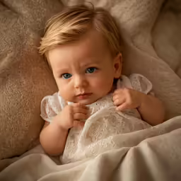 a close up of a child laying on a blanket