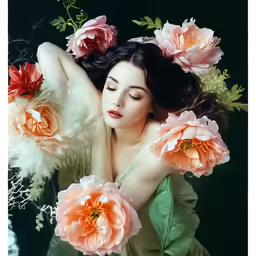 an image of a woman laying on her side surrounded by flowers