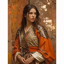a beautiful woman in an orange and white costume holding a sword