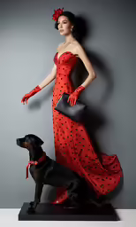 woman in red dress with purse next to black dog