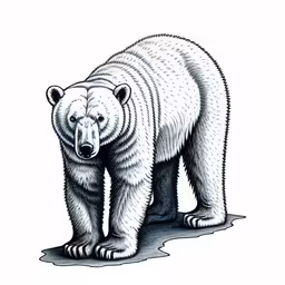 the bear is standing in front of white background,the drawing of a polar bear, is shown,an ink drawing of a polar bear,a black and white drawing of a bear,a white bear standing on top of a wet ground