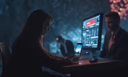 a woman using her cell phone at the desk