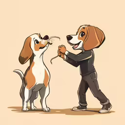 a boy is petting a dog with a large leash