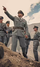 a man in uniform pointing to the right with other uniformed men