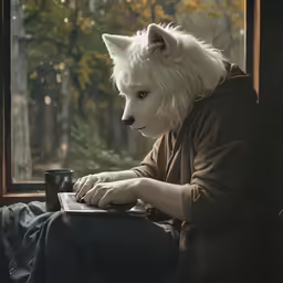 a person with an animal mask sits in front of a window