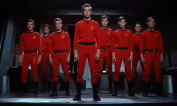 a group of young men in red space suits