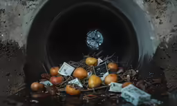 a bunch of oranges are piled into a pile in a tunnel