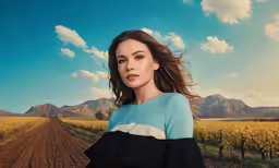 a woman poses for a portrait in the middle of a field