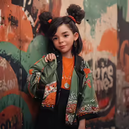 a young girl standing with her hair tied back by a mural