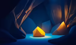 a yellow triangular object is glowing inside a dark room