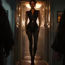 there is a woman standing in a hallway wearing an outfit