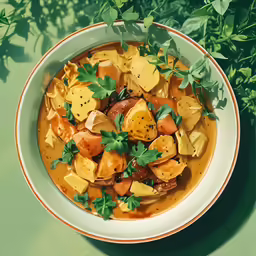 the bowl of soup is full of vegetable and bread