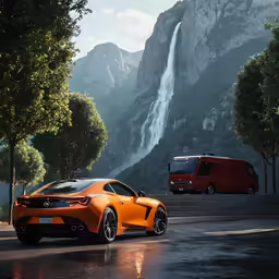 an orange sports car next to a van in the mountains