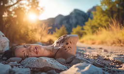 woman in black bikini lying on large rocks