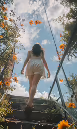 woman in brown dress walking up stairs and flowers