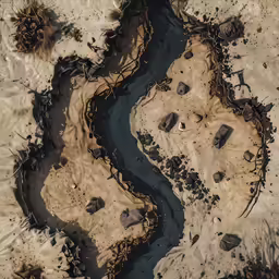 this is a photo from above of a stream, barren area and a beach