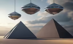 three suspended objects suspended over an area in the sky