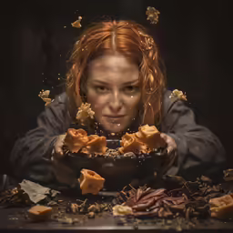 an artistic portrait shows woman grabbing out some sugary treats from a plate