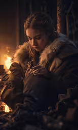 a young woman in winter wear praying next to a bonfire