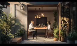a man and woman are outside the dining room