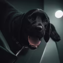 a black dog sits with his tongue hanging out