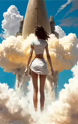 a woman on a cloud floating over a space station