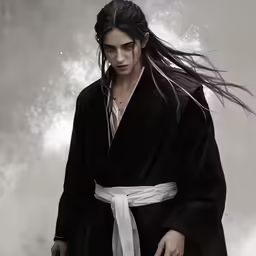 a woman with long hair and a robe