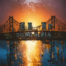 the sun rises over a bridge on a body of water