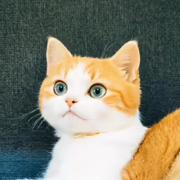 the orange and white kitten has bright green eyes