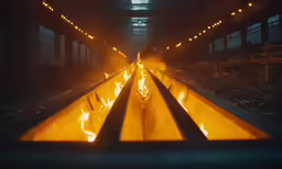 a yellow iron heating plate going down the railroad tracks