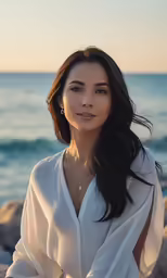 an asian woman standing in front of the ocean