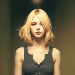 a very attractive blonde with bangs standing in the middle of a room